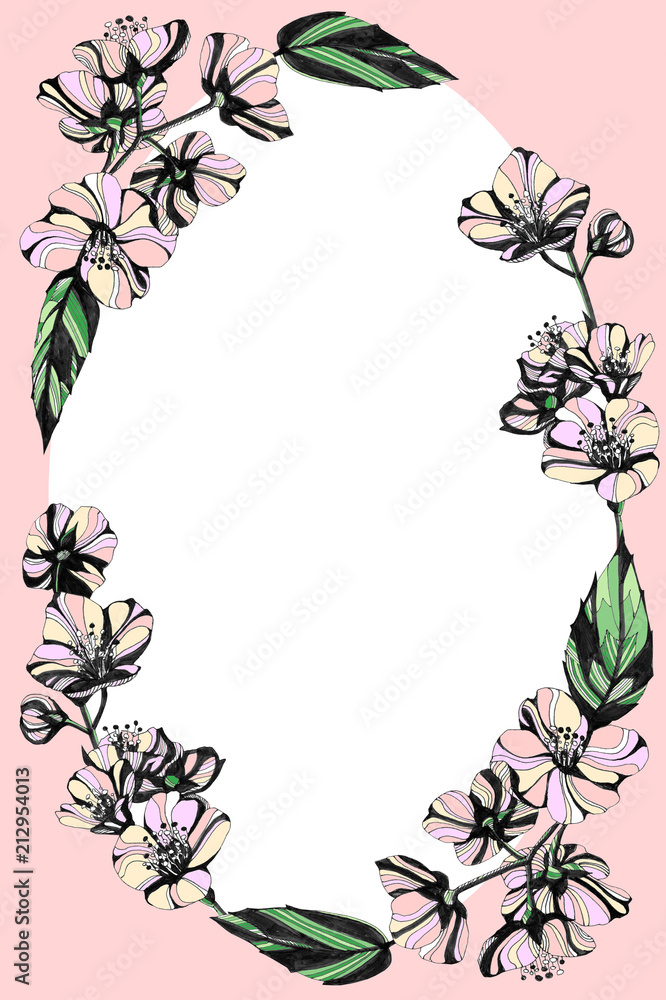 Awesome jasmine flowers frame. Hand drawn ink illustration.