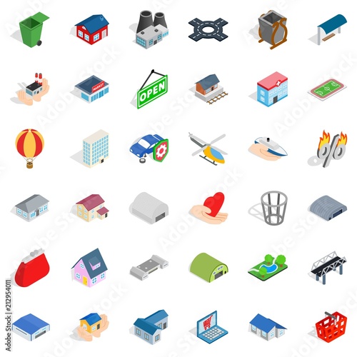 City factory icons set. Isometric style of 36 city factory vector icons for web isolated on white background