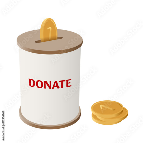 Round donation money box vector illustration. Side view cylinder money box for charity with coin slot and falling golden coins. Simple barrel box with brown top and bottom and text Donate