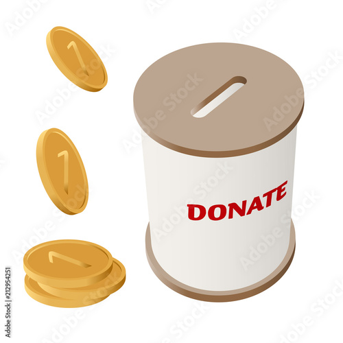 Round donation money box vector illustration. Side view cylinder money box for charity with coin slot and falling golden coins. Simple barrel box with brown top and bottom and text Donate photo