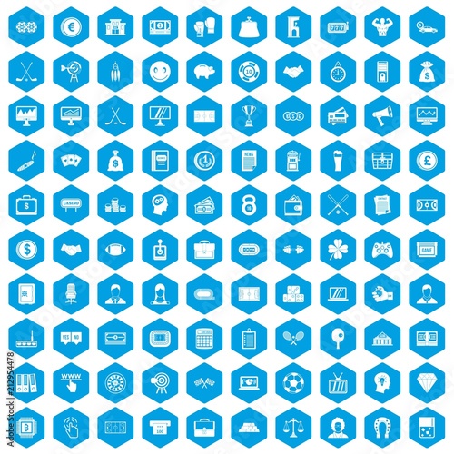100 sweepstakes icons set in blue hexagon isolated vector illustration