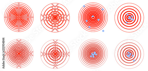 Set of red pain rings. Symbol of growing physical pain, suffering and body disorder, distress, injury, illness. Vector flat style cartoon illustration isolated on white background