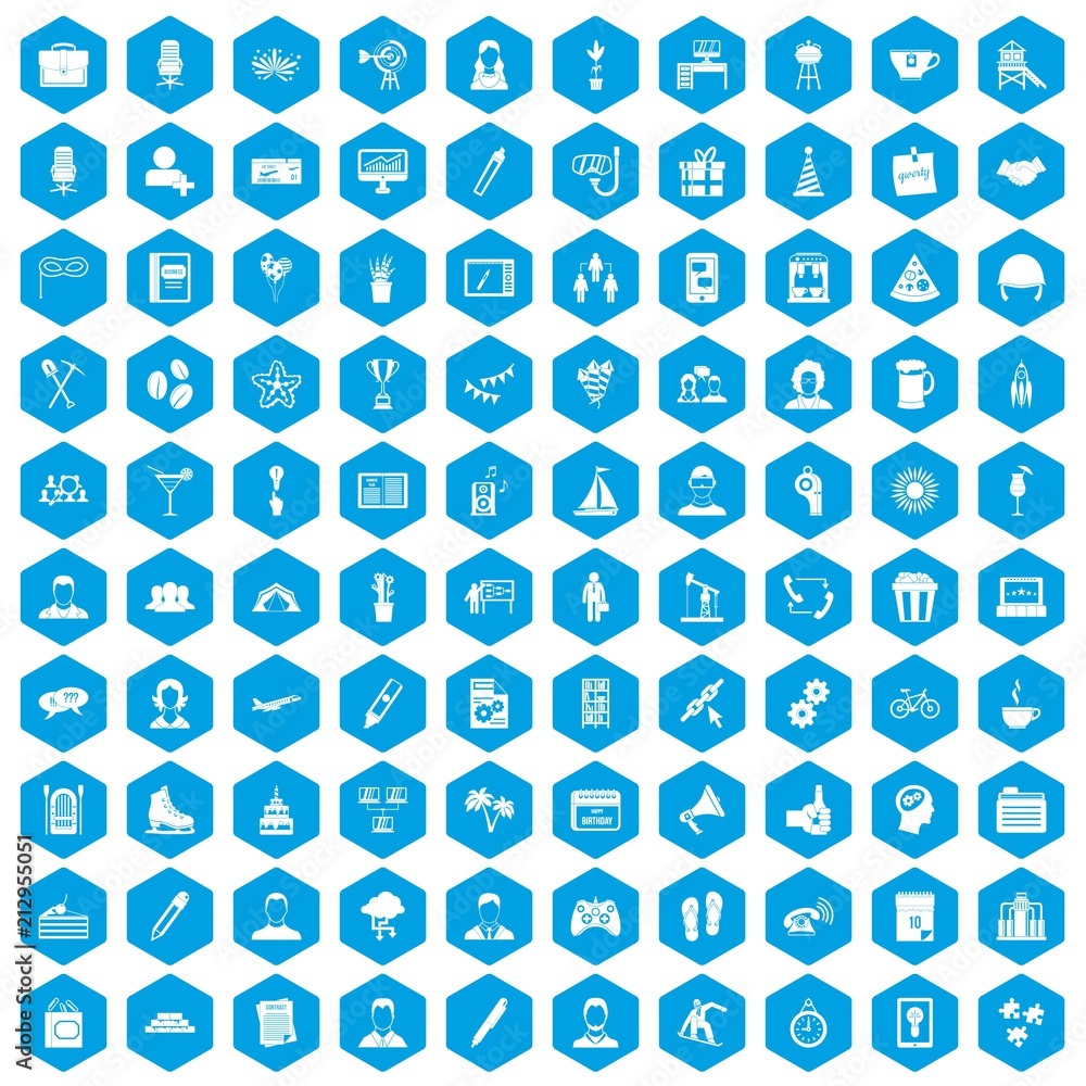 100 team building icons set in blue hexagon isolated vector illustration 100 team building icons set in blue hexagon isolated vector illustration