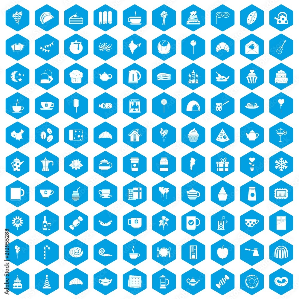 100 tea party icons set in blue hexagon isolated vector illustration 100 tea party icons set in blue hexagon isolated vector illustration