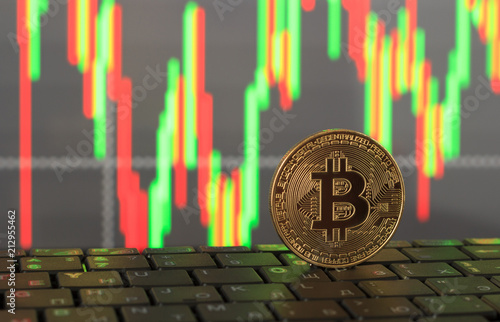 One bitcoin close-up on a blurry background, the concept of rising and falling prices photo