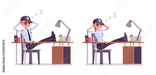 Male and female security guard resting at work