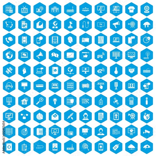 100 telecommunication icons set in blue hexagon isolated vector illustration