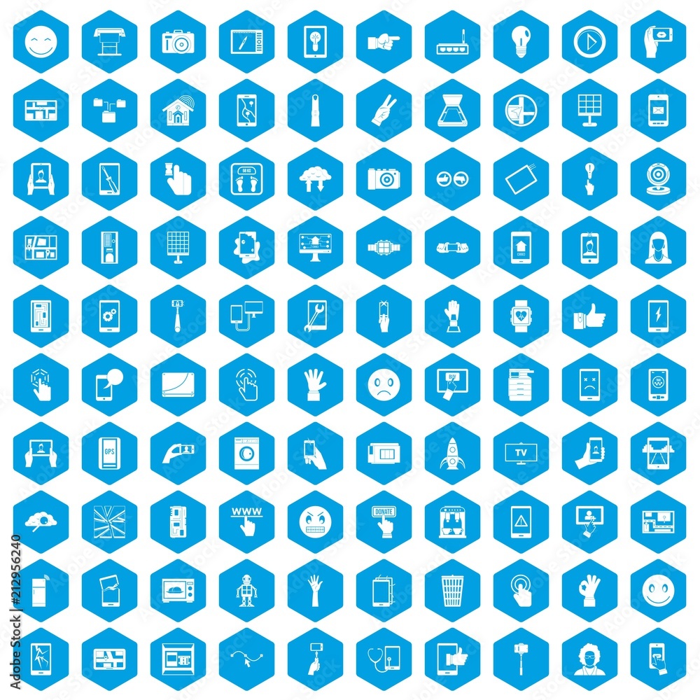 100 touch screen icons set in blue hexagon isolated vector illustration 100 touch screen icons set in blue hexagon isolated vector illustration