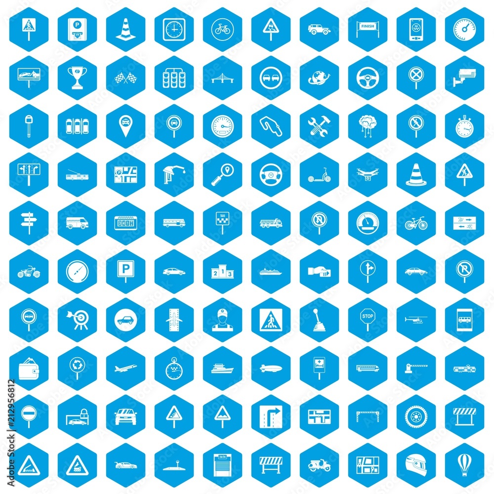 100 traffic icons set in blue hexagon isolated vector illustration 100 traffic icons set in blue hexagon isolated vector illustration