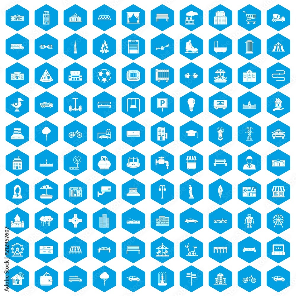 100 urban icons set in blue hexagon isolated vector illustration 100 urban icons set in blue hexagon isolated vector illustration