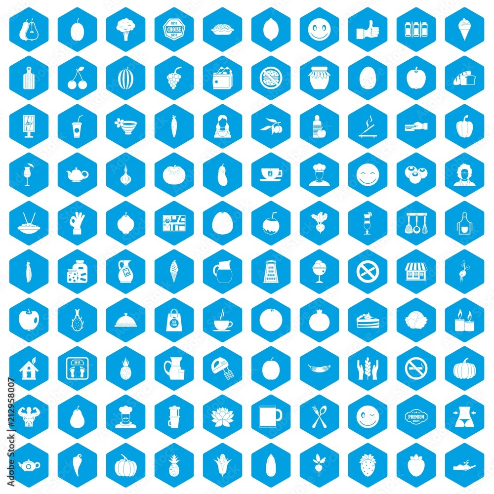 100 vegetarian cafe icons set in blue hexagon isolated vector illustration 100 vegetarian cafe icons set in blue hexagon isolated vector illustration
