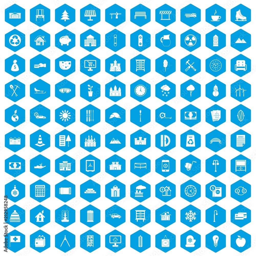 100 villa icons set in blue hexagon isolated vector illustration 100 villa icons set in blue hexagon isolated vector illustration