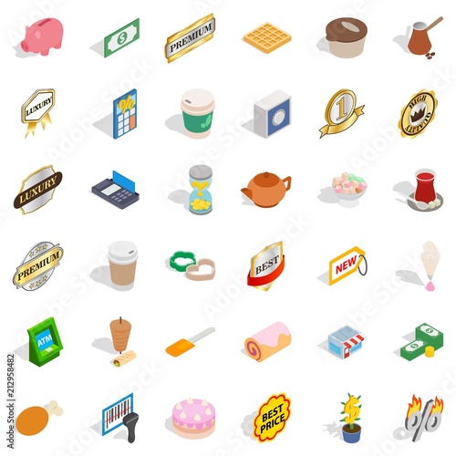 Coffee shop icons set. Isometric style of 36 coffee shop vector icons for web isolated on white background
