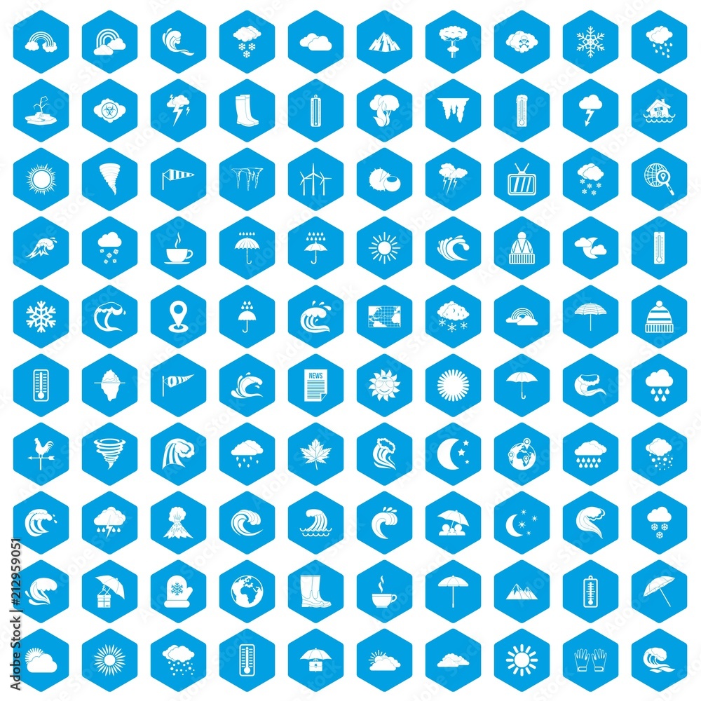 100 weather icons set in blue hexagon isolated vector illustration 100 weather icons set in blue hexagon isolated vector illustration