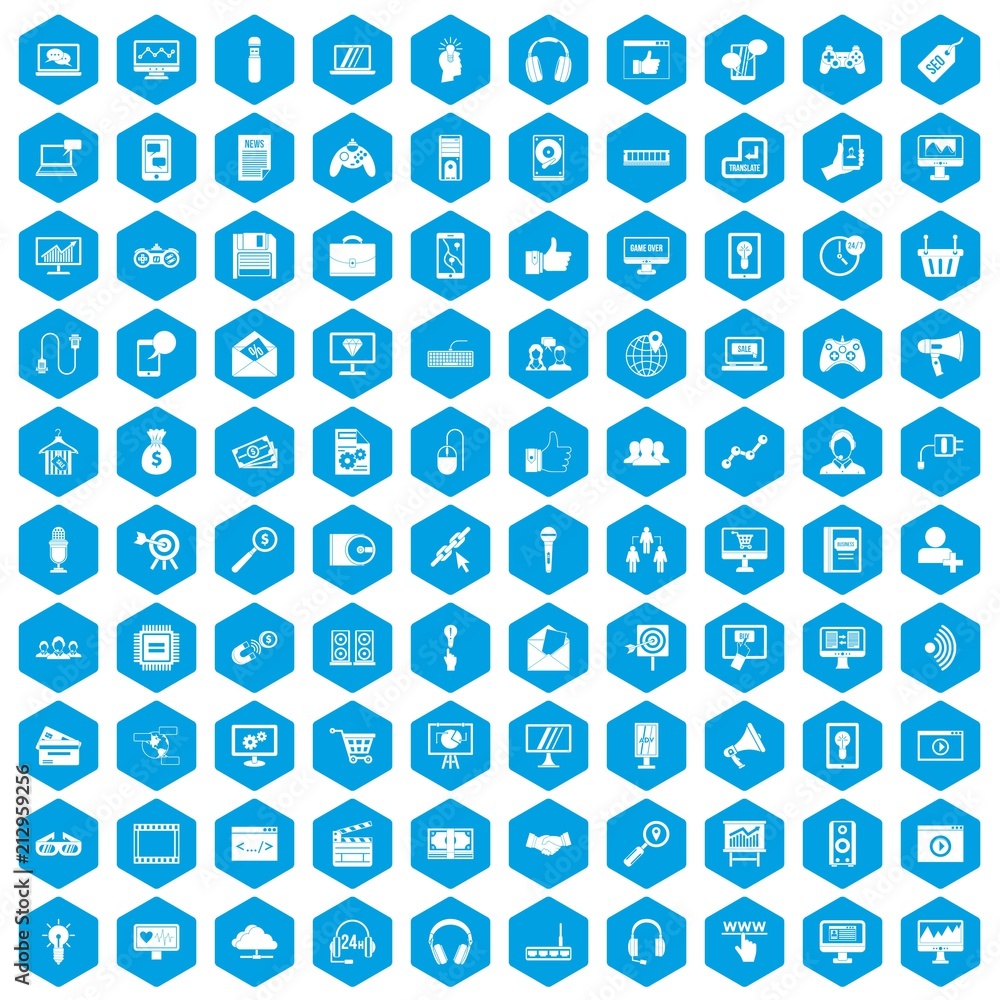 100 web and mobile icons set in blue hexagon isolated vector illustration 100 web and mobile icons set in blue hexagon isolated vector illustration