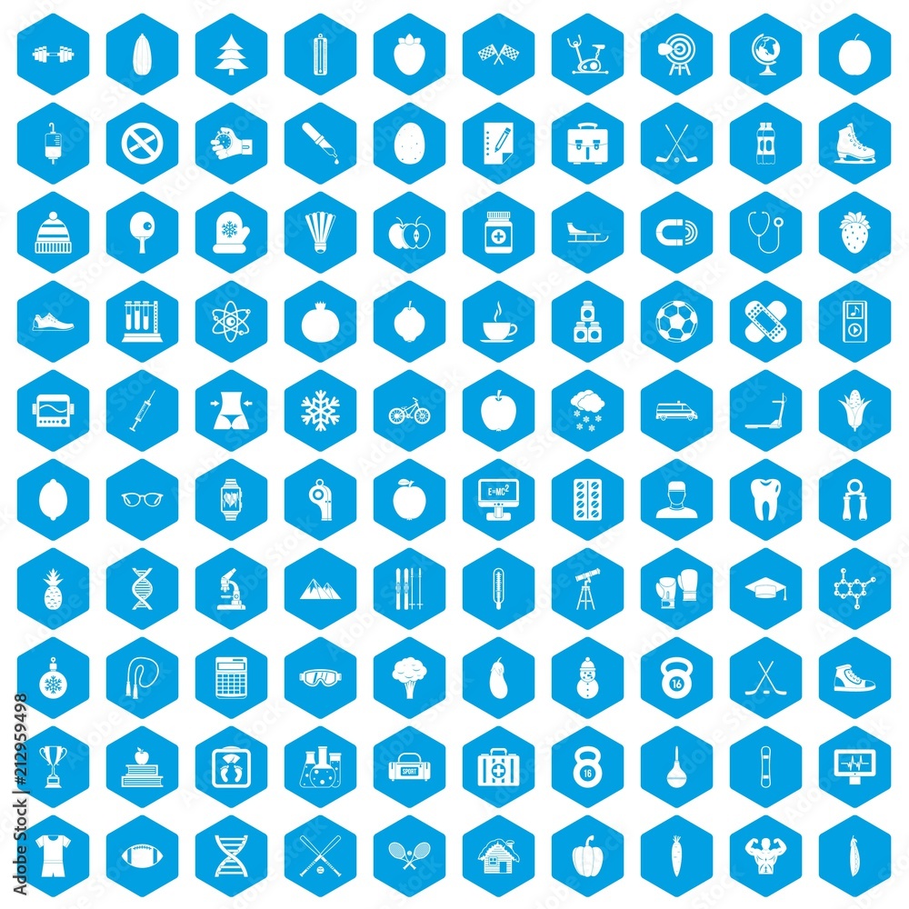 100 well person icons set in blue hexagon isolated vector illustration 100 well person icons set in blue hexagon isolated vector illustration
