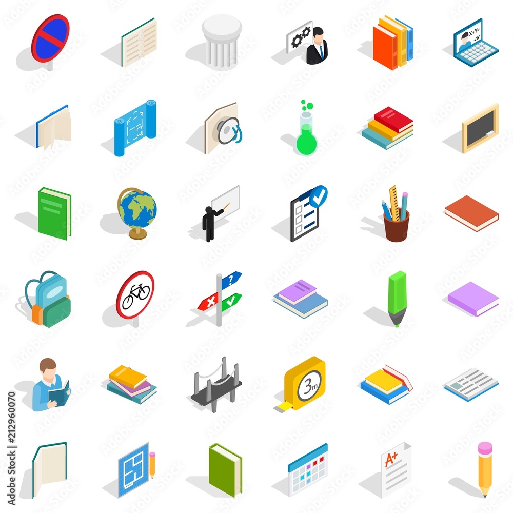 School education icons set. Isometric style of 36 school education vector icons for web isolated on white background School education icons set. Isometric style of 36 school education vector icons for web isolated on white background