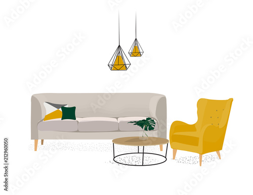 vector interior design illustration. home house decor decoration. furniture living room lounge. sofa armchair table coffee lamp cushion plant vase. modern contemporary designer trendy style. trend. 