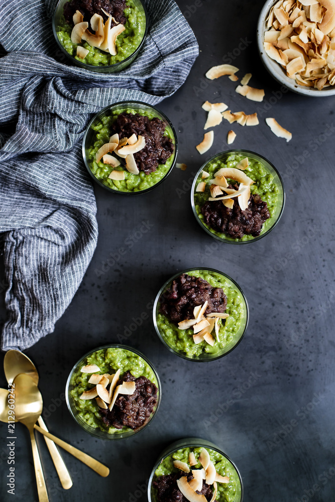 Coconut Matcha Rice Pudding with Date Adzuki Bean Paste Stock Photo ...