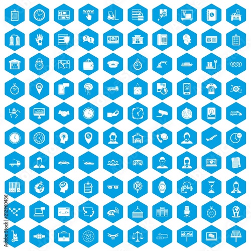 100 working hours icons set in blue hexagon isolated vector illustration