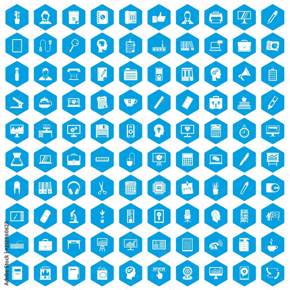 100 work space icons set in blue hexagon isolated vector illustration 100 work space icons set in blue hexagon isolated vector illustration