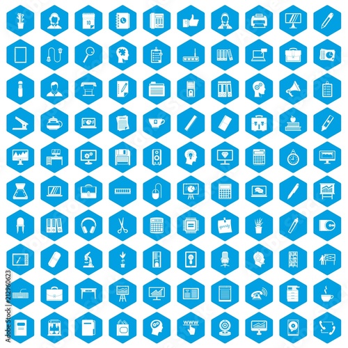 100 work space icons set in blue hexagon isolated vector illustration