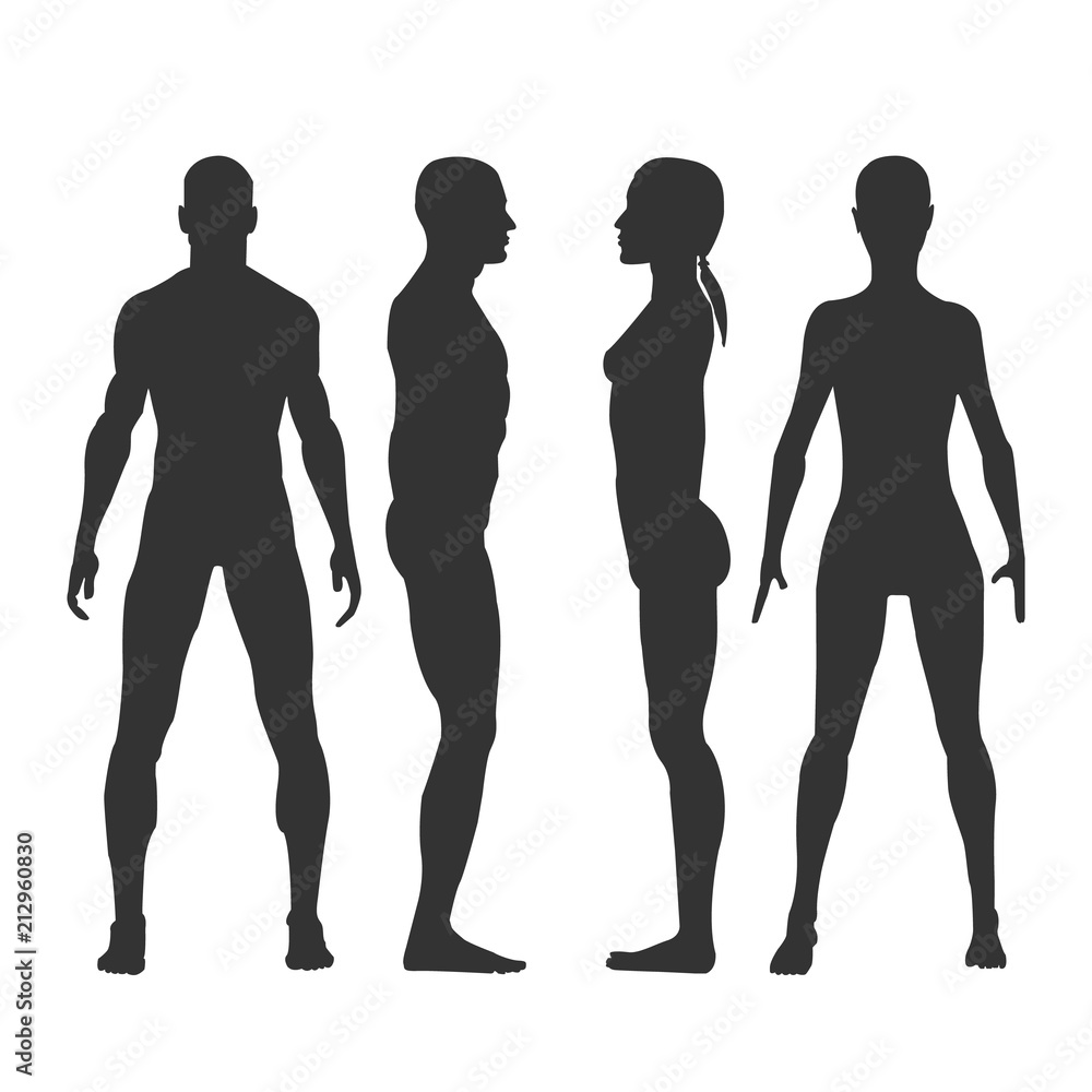 Man and woman vector black silhouettes in front and side view. Man and woman vector black silhouettes in front and side view.