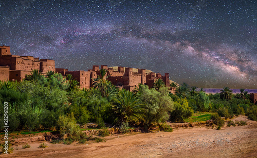 Kasbah Ait Ben Haddou in the desert near Atlas Mountains at night, Morocco photo