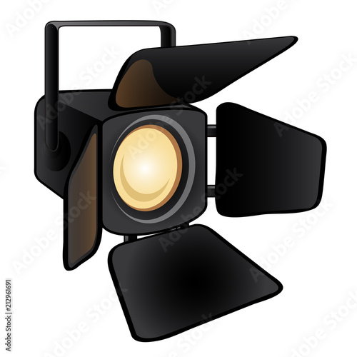 Shining stage light isolated on a white background. Studio lighting equipment. Vector illustration.