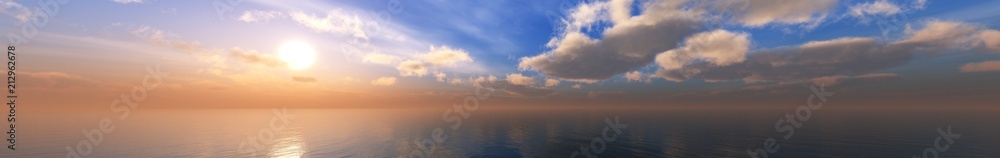 Panorama of the sea sunset. Sunrise over the ocean. The sun is among the clouds over the water ..
3D rendering
