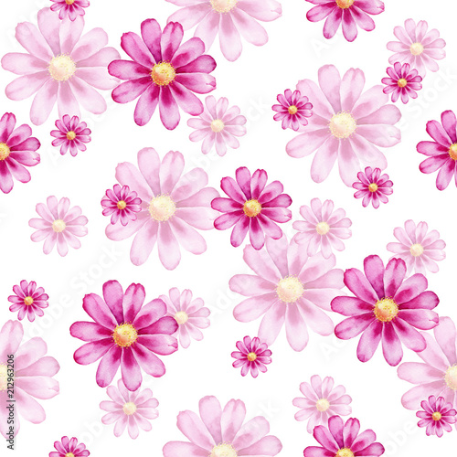 Watercolor hand painted seamless pattern of pink flowers. © Lora