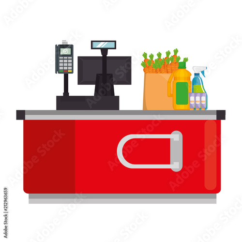 supermarket point of sale desk with voucher and products vector illustration