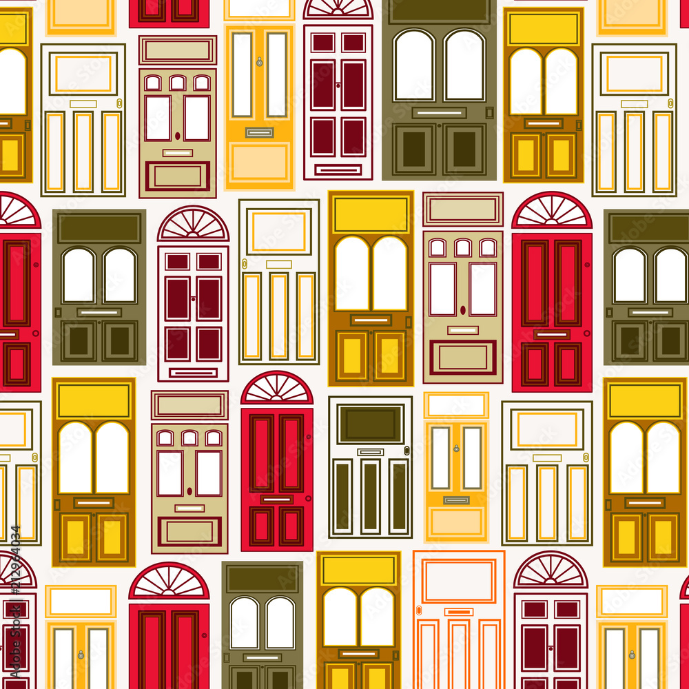 Front door seamless pattern. Hand-drawn facades vector illustration. Architectural door pattern for new home or address card, change of address announcement, gift wrap and more. 