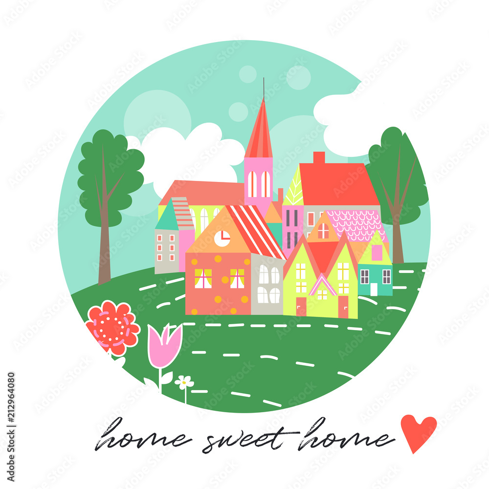 vector cute village illustration. home sweet home. children doodles. houses.