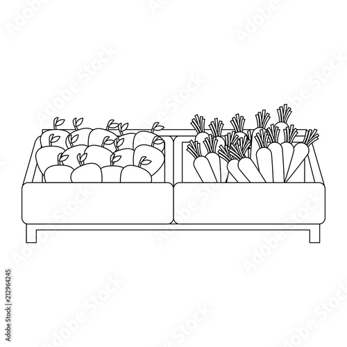 supermarket wooden shelf with carrots and apples vector illustration design