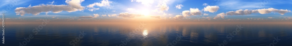 Panorama of the sea sunset. Sunrise over the ocean. The sun is among the clouds over the water ..
3D rendering
