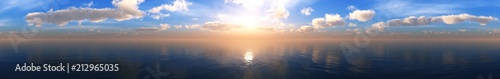 Panorama of the sea sunset. Sunrise over the ocean. The sun is among the clouds over the water .. 3D rendering 