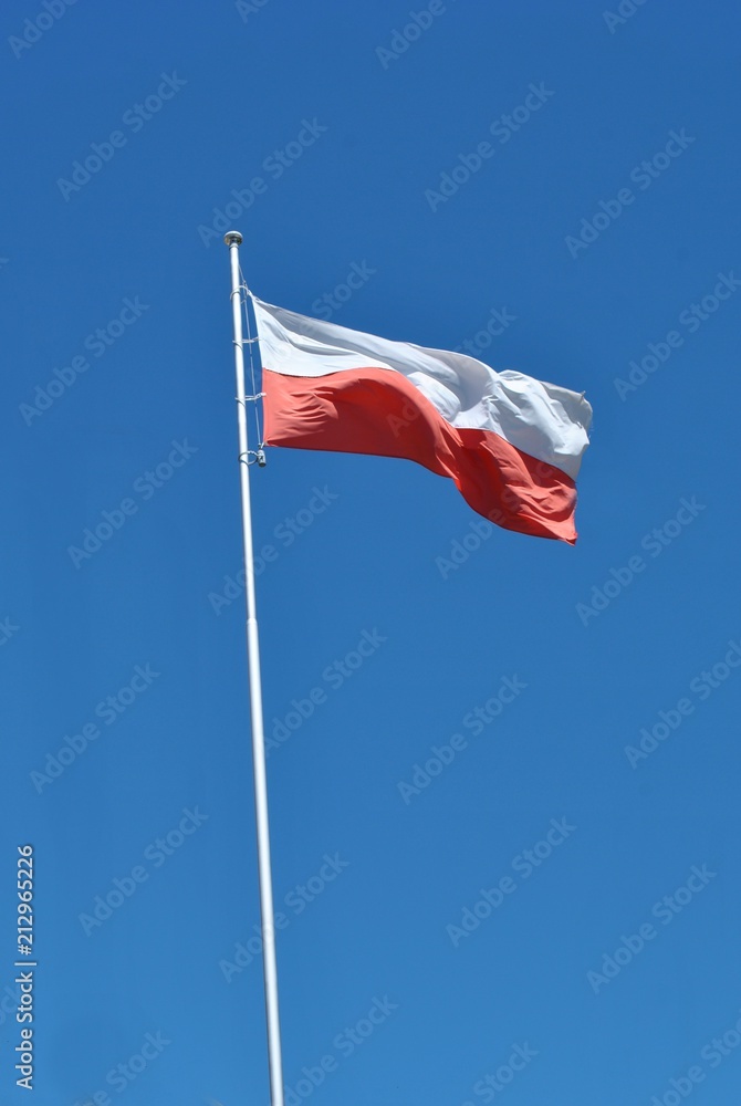 Polska flaga na tle błękitnego nieba