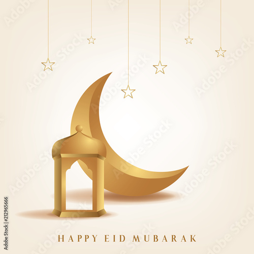 Ramadan mubarak background. Happy eid mubarak greeting card design with half moon and lantern vector illustration. Lantern and half moon realistic illustration. Lantern illustration with golden color.