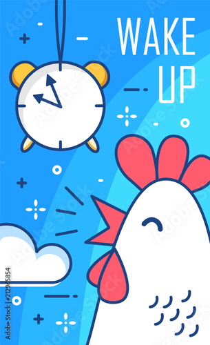 Wake up poster with alarm clock and rooster. Thin line flat design. Vector good morning background.