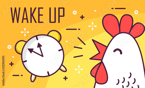 Wake up poster with alarm and rooster. Thin line flat design. Vector good morning background.