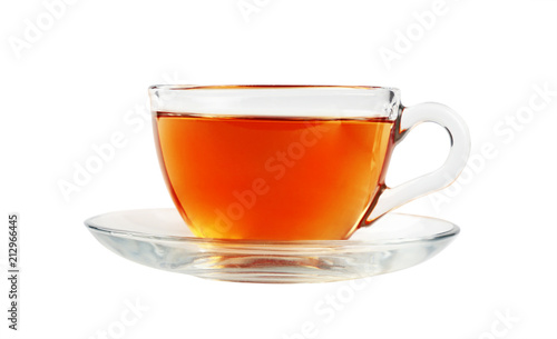 Transparent glass cup of black tea isolated