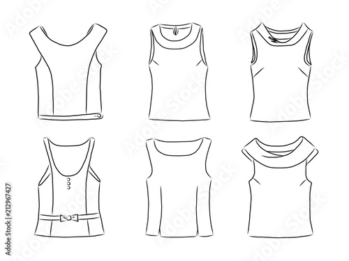 Set of women summer clothes icons, thin line style.