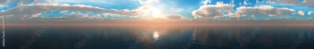 Panorama of the sea sunset. Sunrise over the ocean. The sun is among the clouds over the water ..
3D rendering