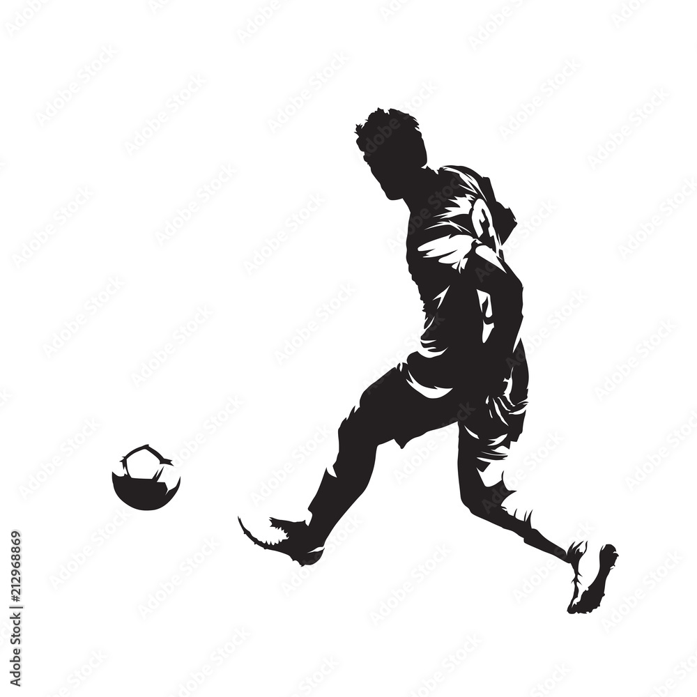 Obraz premium Soccer player kicking ball, isolated vector slhouette. Fooballer running with ball. Football, team sport
