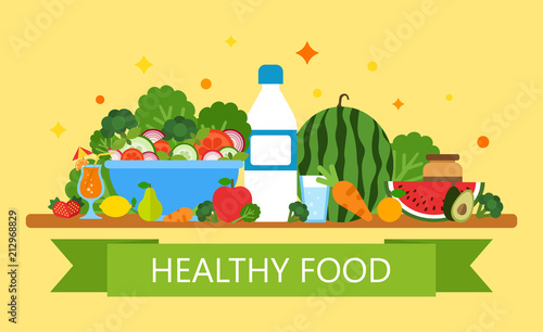 Healthy food. Vegan food menu for restaurant and cafe. Healthy lifestyle. Vegan table. Organic shop concept. Farm market food collection. Organic products set. Vector illustration