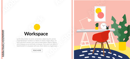 workspace web site banner. interior design illustration. office study furniture. workplace. 