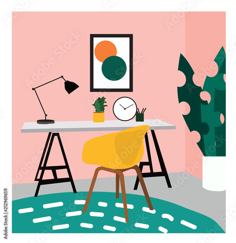 vector interior design illustration. office study picture. chair, desk and lamp. cute drawing. furniture. 
