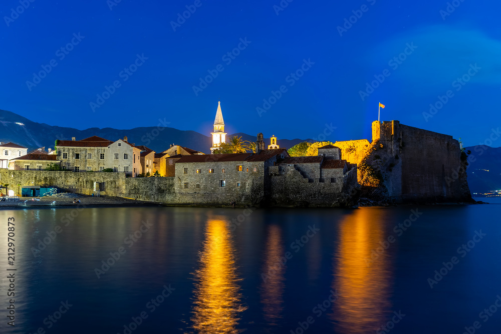 View of the Old City in Budva at night.