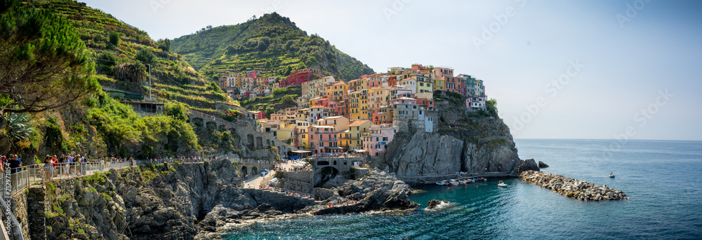 Panoramic View of the Town of Manarola builded on the Cliff, in a Summer Day